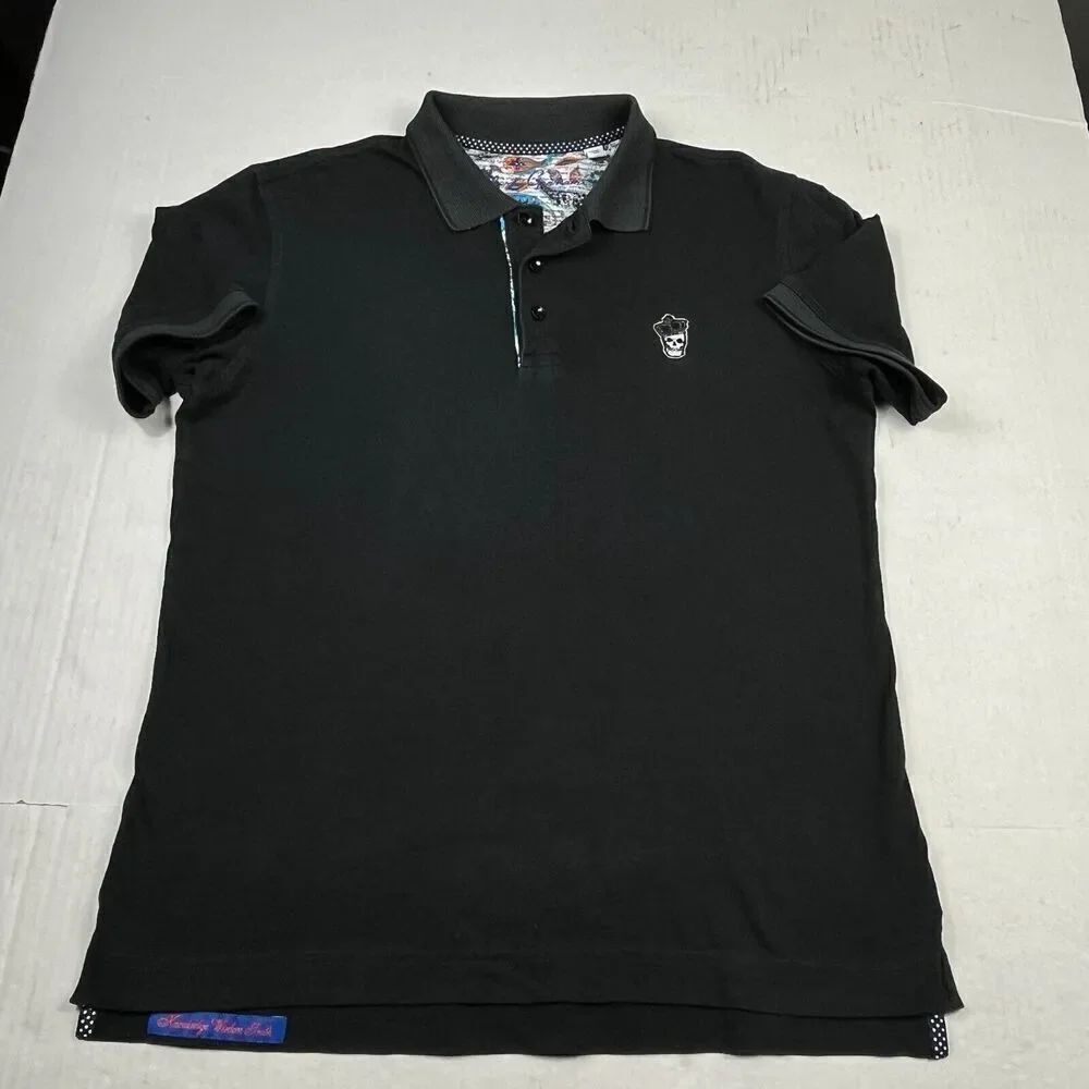 Robert Graham Mens Skull Punk Goth Polo Shirt Black Short Sleeve Casual SMALL